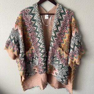 Akemi + Kin Anthropologie Loopy Knit Open Front Cardigan Pink Multi Boho O/S